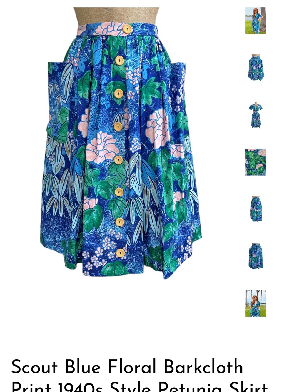 Scout 1940’s inspired blue floral barkcloth midi skirt, pockets, buttons, medium - Picture 3 of 9